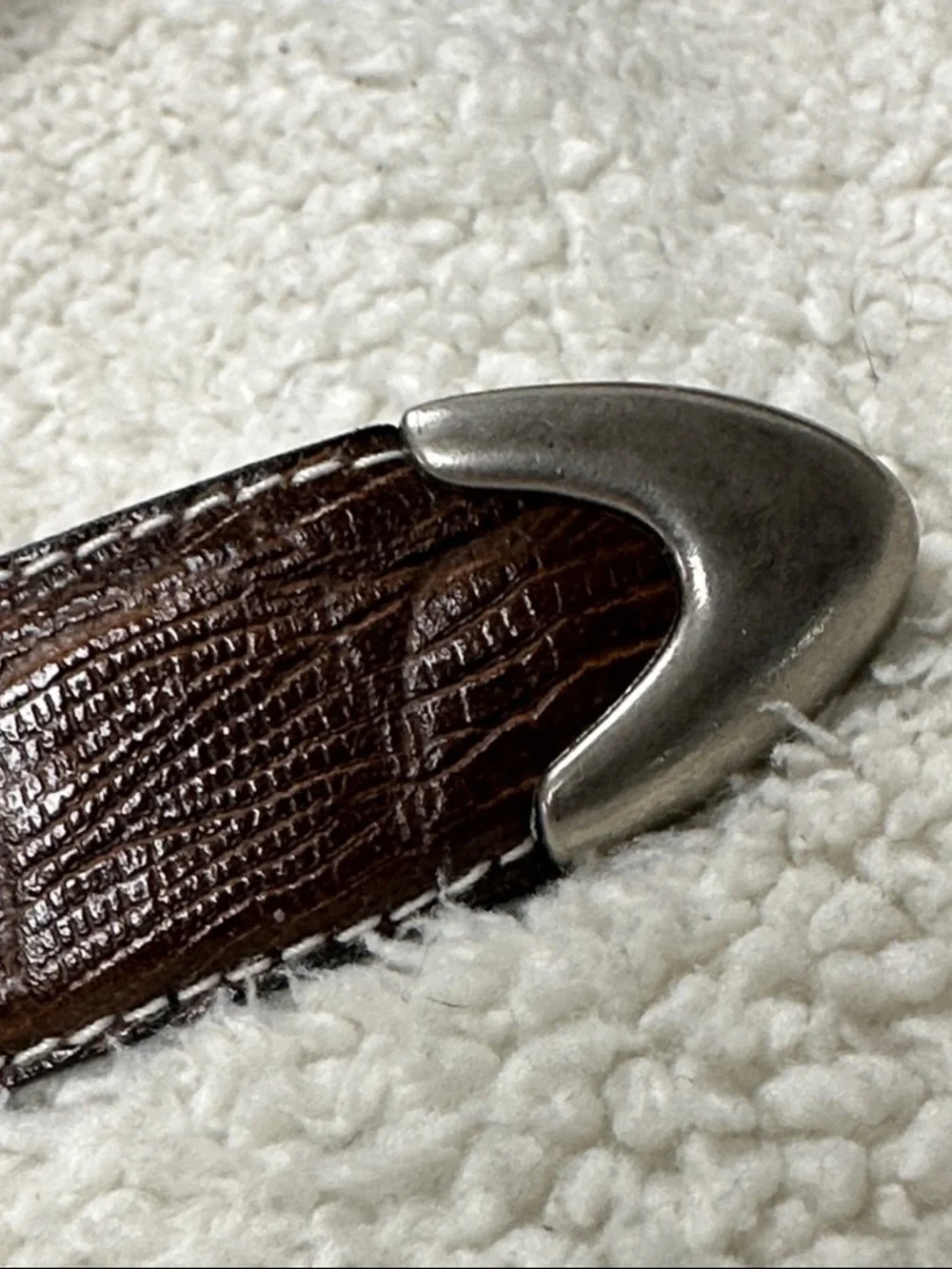 Vegan Leather Western Style Heavy Silver Buckle & Tip, Embossed Brown Belt
